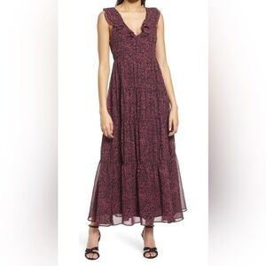 Chelsea28 Ruffle Neck Abstract Animal Print Tiered Chiffon Maxi Dress (S…